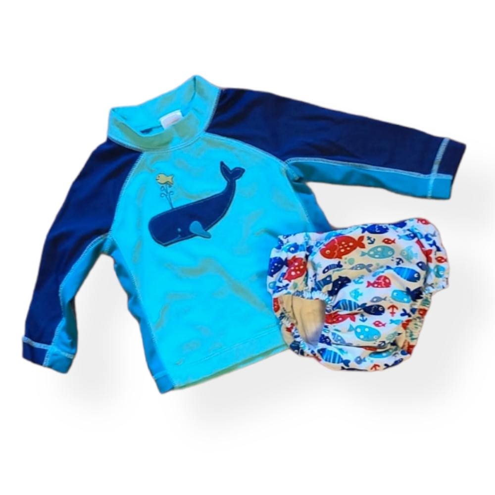 Long sleeved rash guard and swim diaper swimsuit